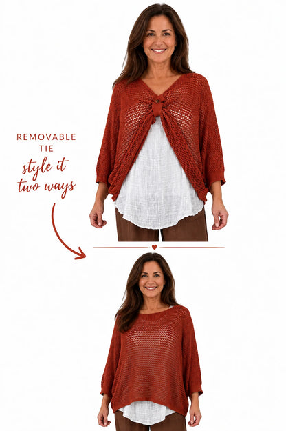 Pure Cotton Removable Tie Alexandra Batwing Crochet Top - Spice Terracotta