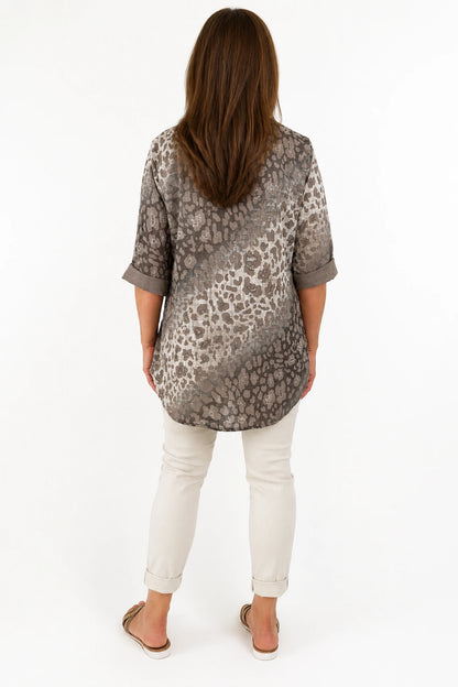 Pure Cotton Leopard Felicity One Button Shirt - Mocha