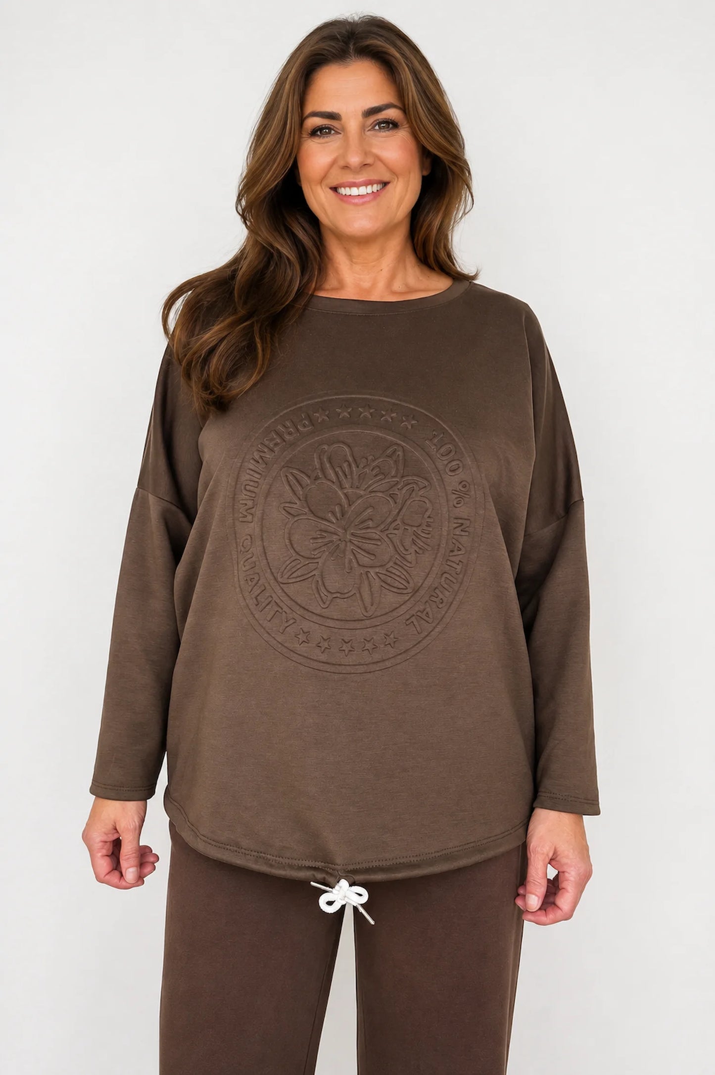 Embossed Clover Drawstring Hem Ambriella Top - Chocolate