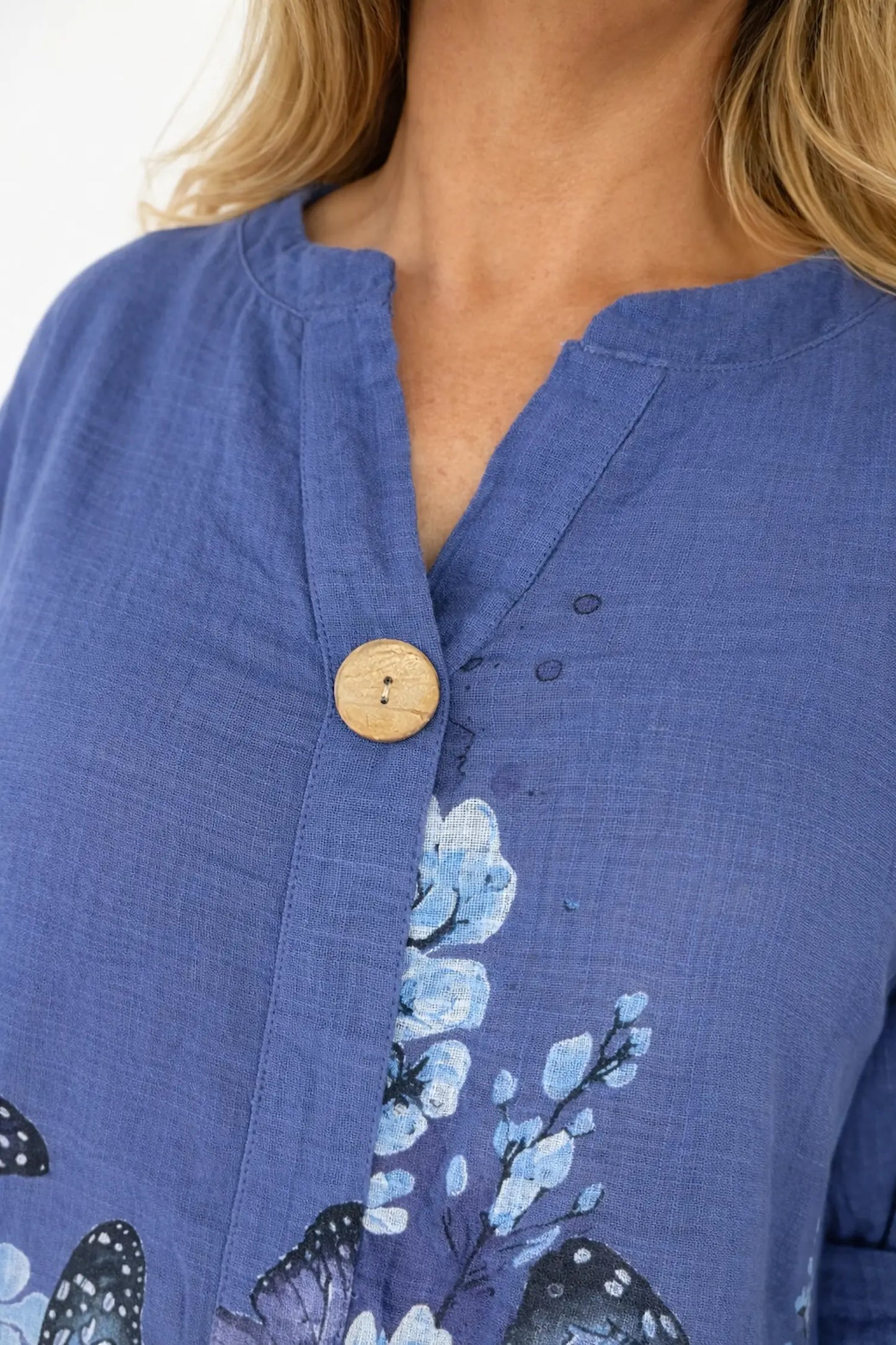 Pure Cotton Button Sleeve Button Detail Talia Shirt - Deep Denim