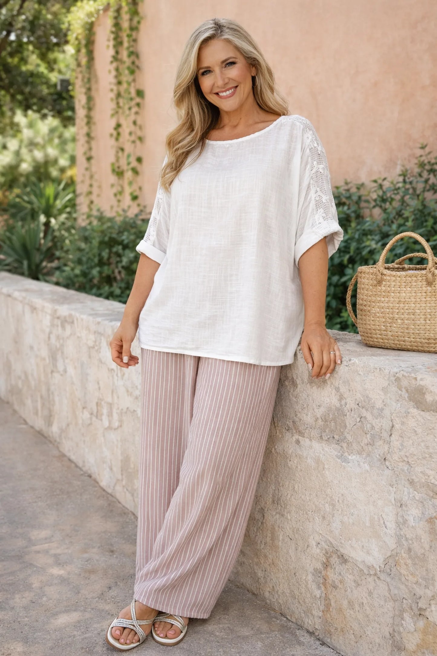 Linen Cotton Mix Premium Stitch Floral Crochet Shoulder Toscana Top - White