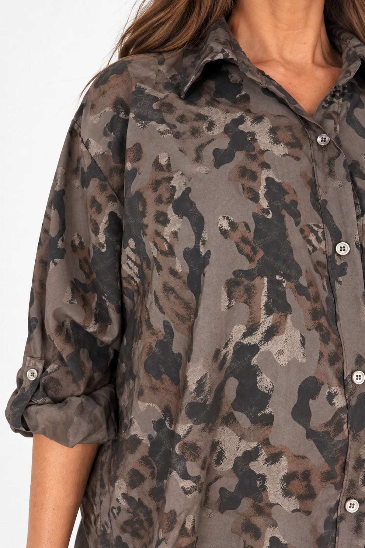 Button Sleeve Cassia Leopard Button Shirt - Chocolate