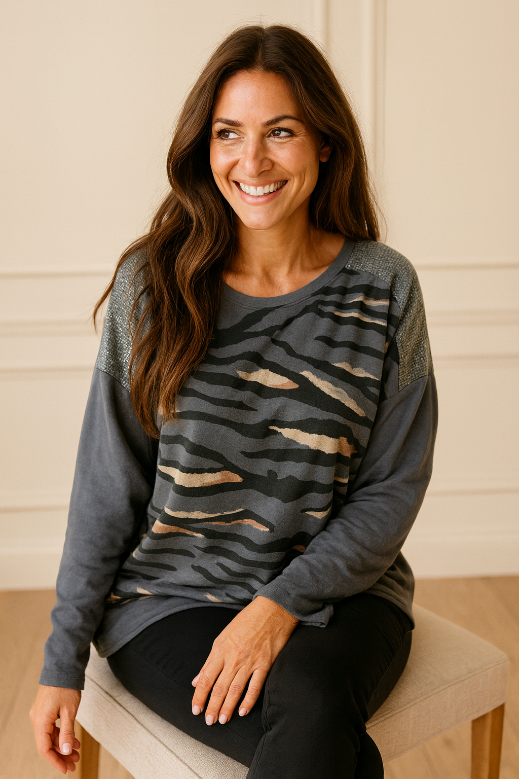 Cotton Sequin Shoulder Amari Top - Wolf Grey
