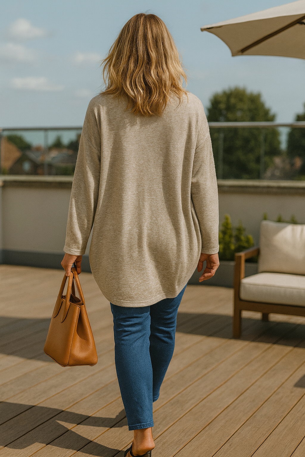 Soft Knit Silver Line Diana Necklace Top - Oatmeal