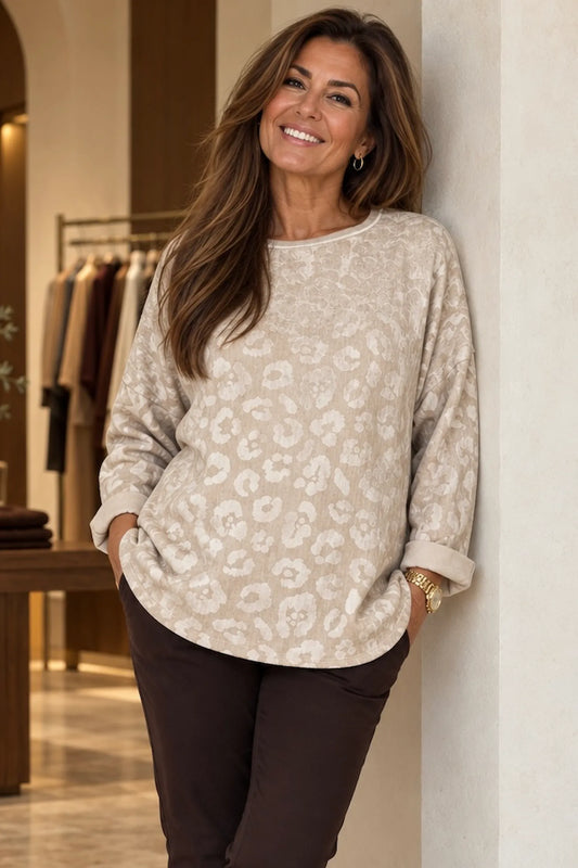 Velour Embossed Leopard Vara Top - Beige