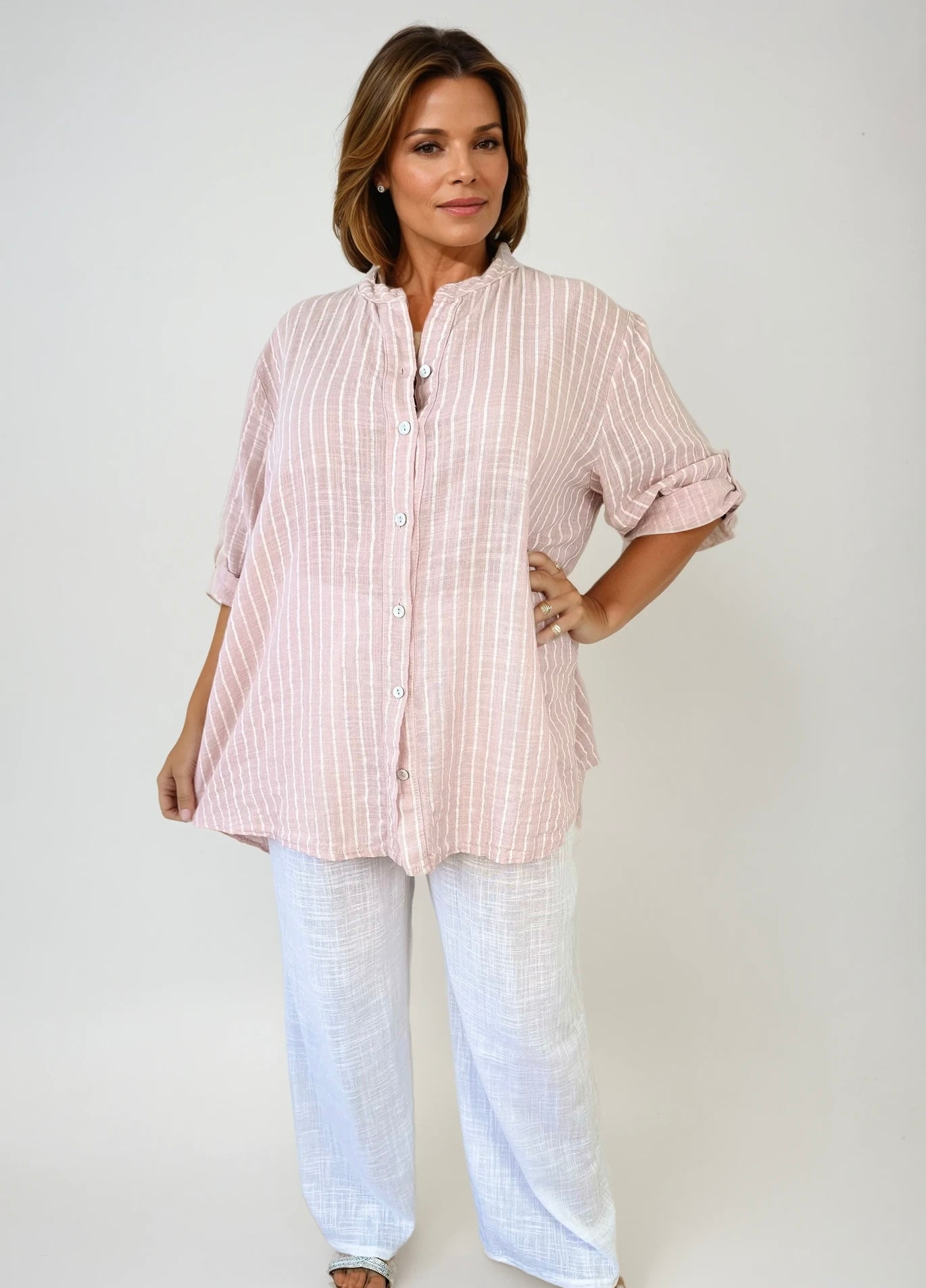 Pure Cotton Pin Stripe Button Sleeve Veresca Shirt - Baby Pink