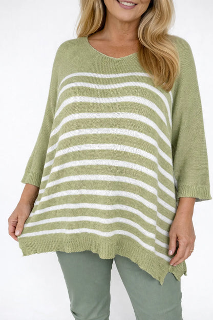 Cotton Serena Stripe Spring Knit Top - Lime