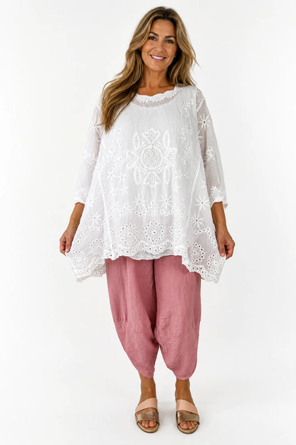 Pure Cotton Embroidery Anglaise Batwing Fara Top - White
