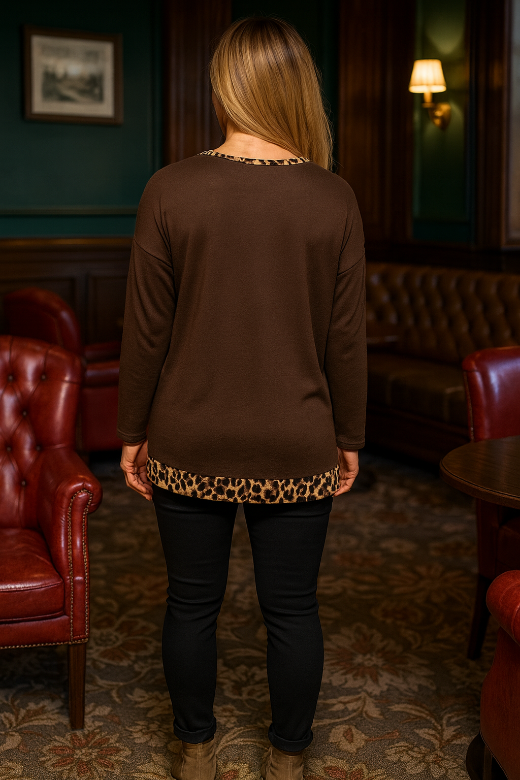 Soft Knit Leopard Trim Keri Necklace Top - Chocolate