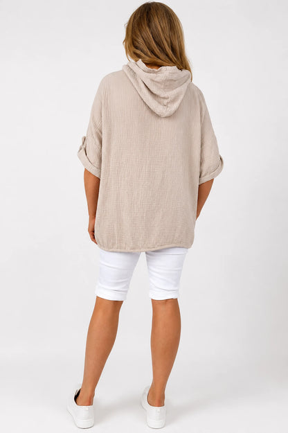 Pure Bubble Cotton Button Sleeve Badge Detail Pocketed Zara Hoodie - Beige