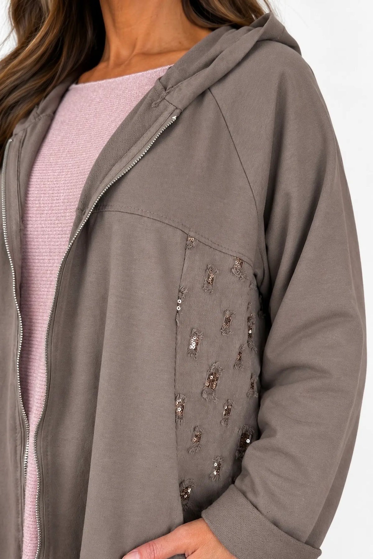 Cotton Gold Stitch Detail Zipped Florenzi Hooded Jacket - Mocha