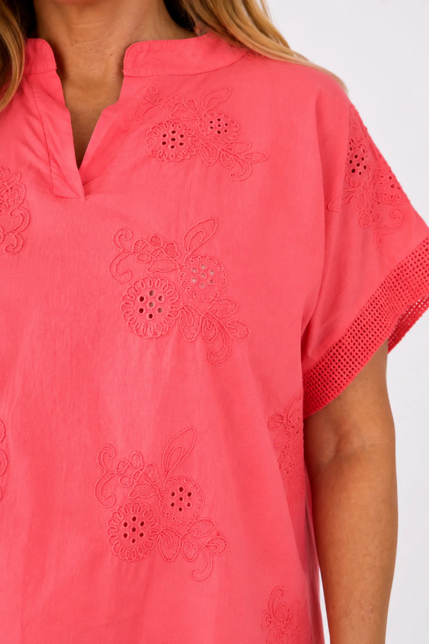 Pure Cotton Embroidered Floral Detail Mesh Sleeve/Back Lucia Shirt - Watermelon