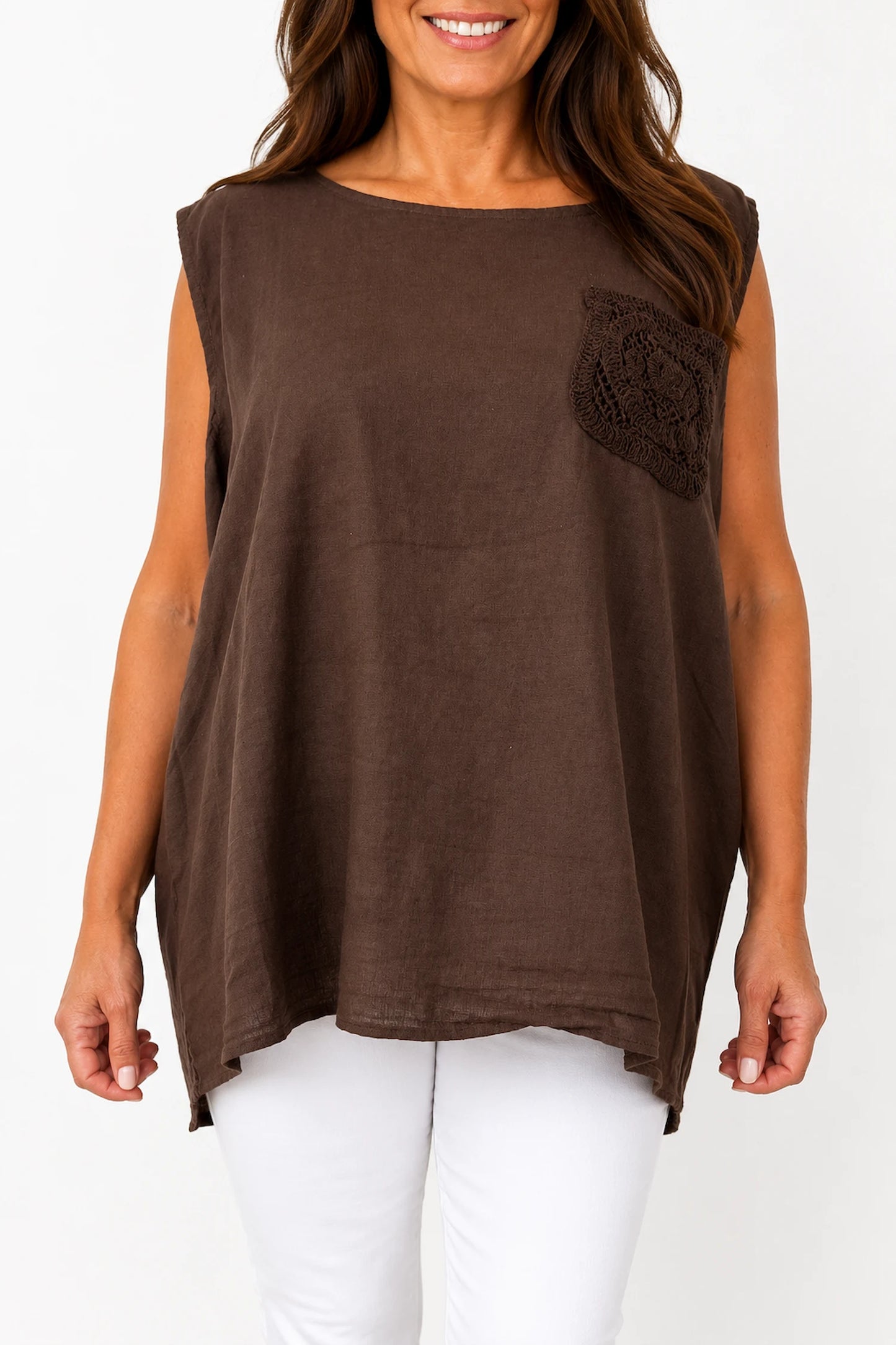 Linen Cotton Mix Button Back Embroidered Crochet Pocket Primrose Vest - Chocolate