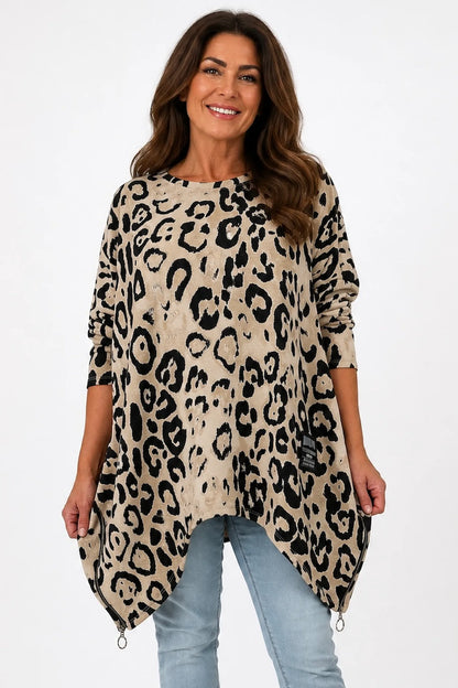 Zip Detail Scuba Leopard Zizzi Tunic Top - Beige