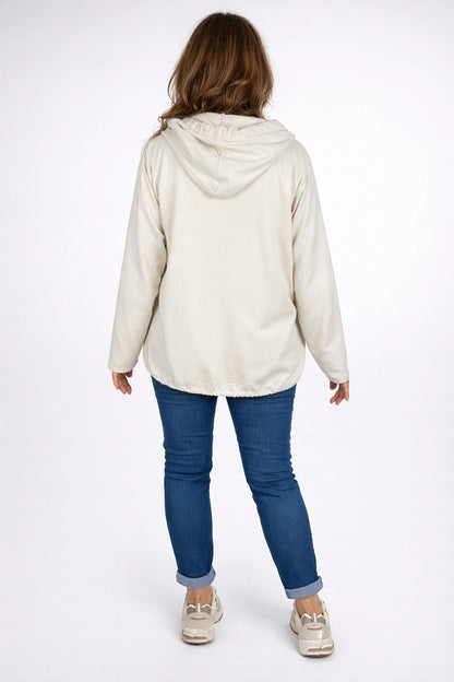 Cotton Sequin Floral Embroidery Double Pocket Zipped Siena Drawstring Hem Hoodie - Beige
