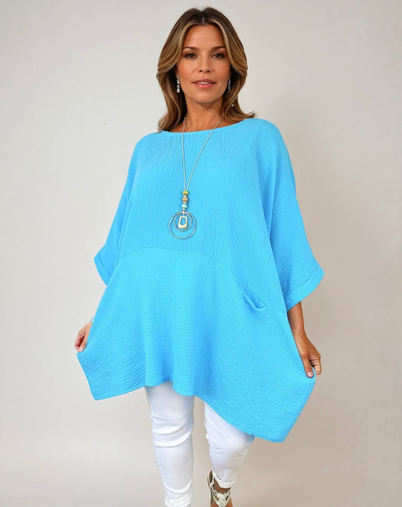 Bubble Cotton Double Pocket Lara Necklace Top - Turquoise