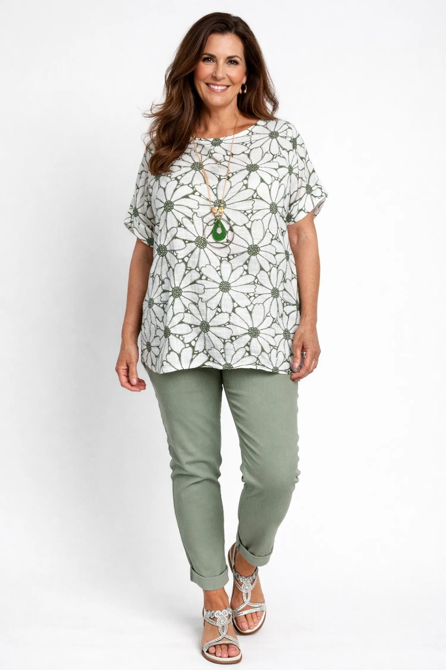 Pure Cotton Velina Floral Necklace Top - Khaki