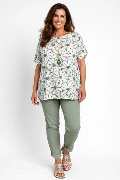 Pure Cotton Velina Floral Necklace Top - Khaki