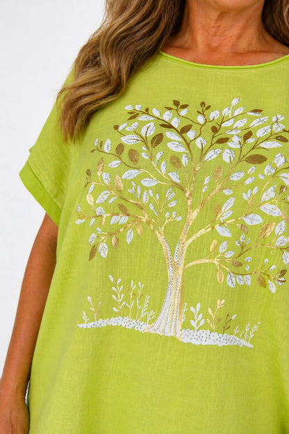 Linen Cotton Mix Diamanté Golden Leaf Carletta Top - Citrus Lime