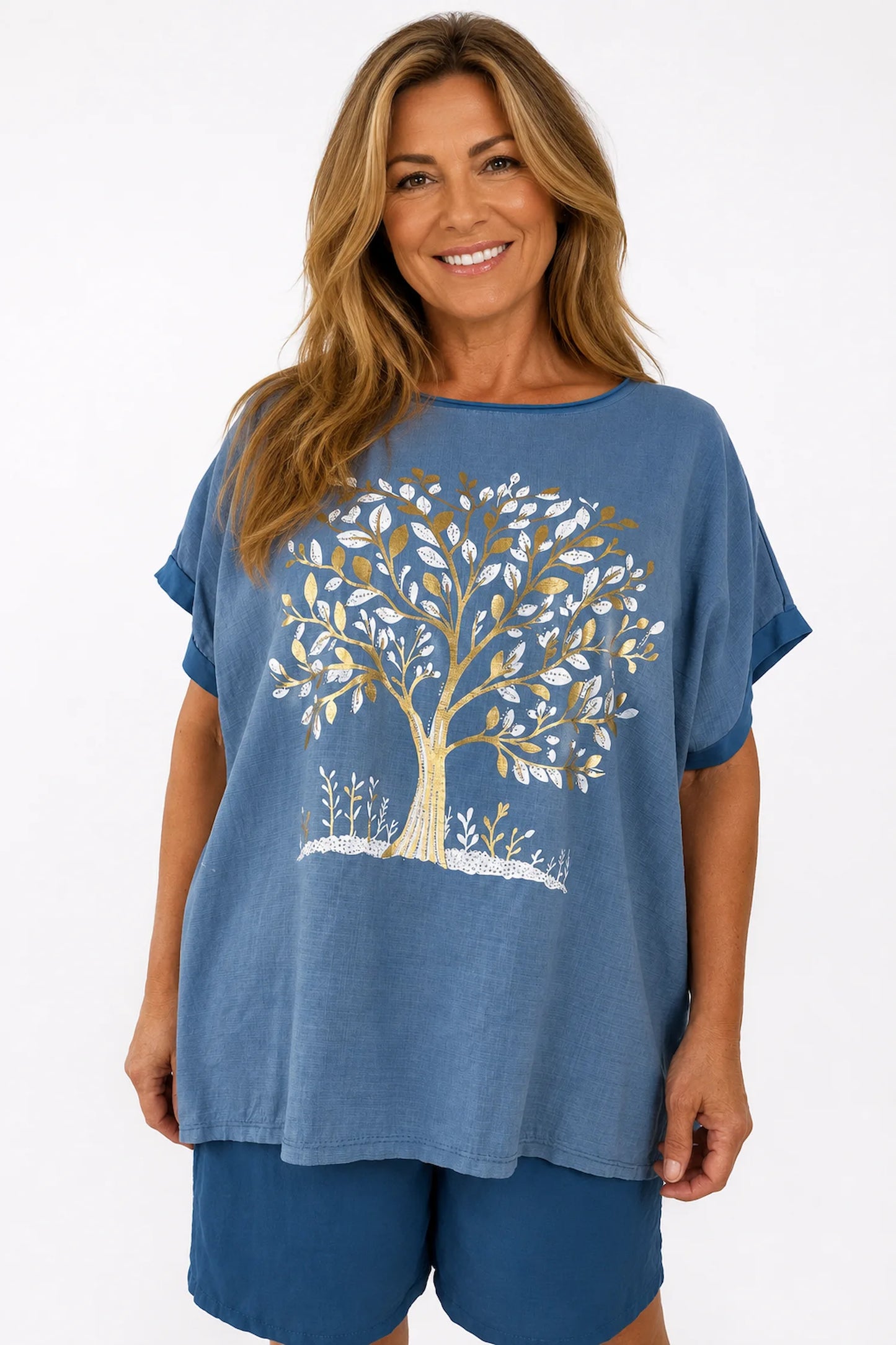 Linen Cotton Mix Diamanté Golden Leaf Carletta Top - Denim