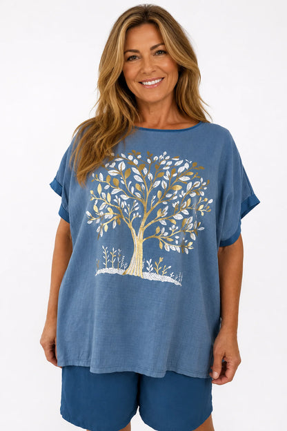 Linen Cotton Mix Diamanté Golden Leaf Carletta Top - Denim