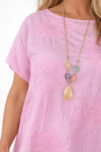 Pure Cotton Embroidery Anglaise Flower Amara Necklace Top - Baby Pink