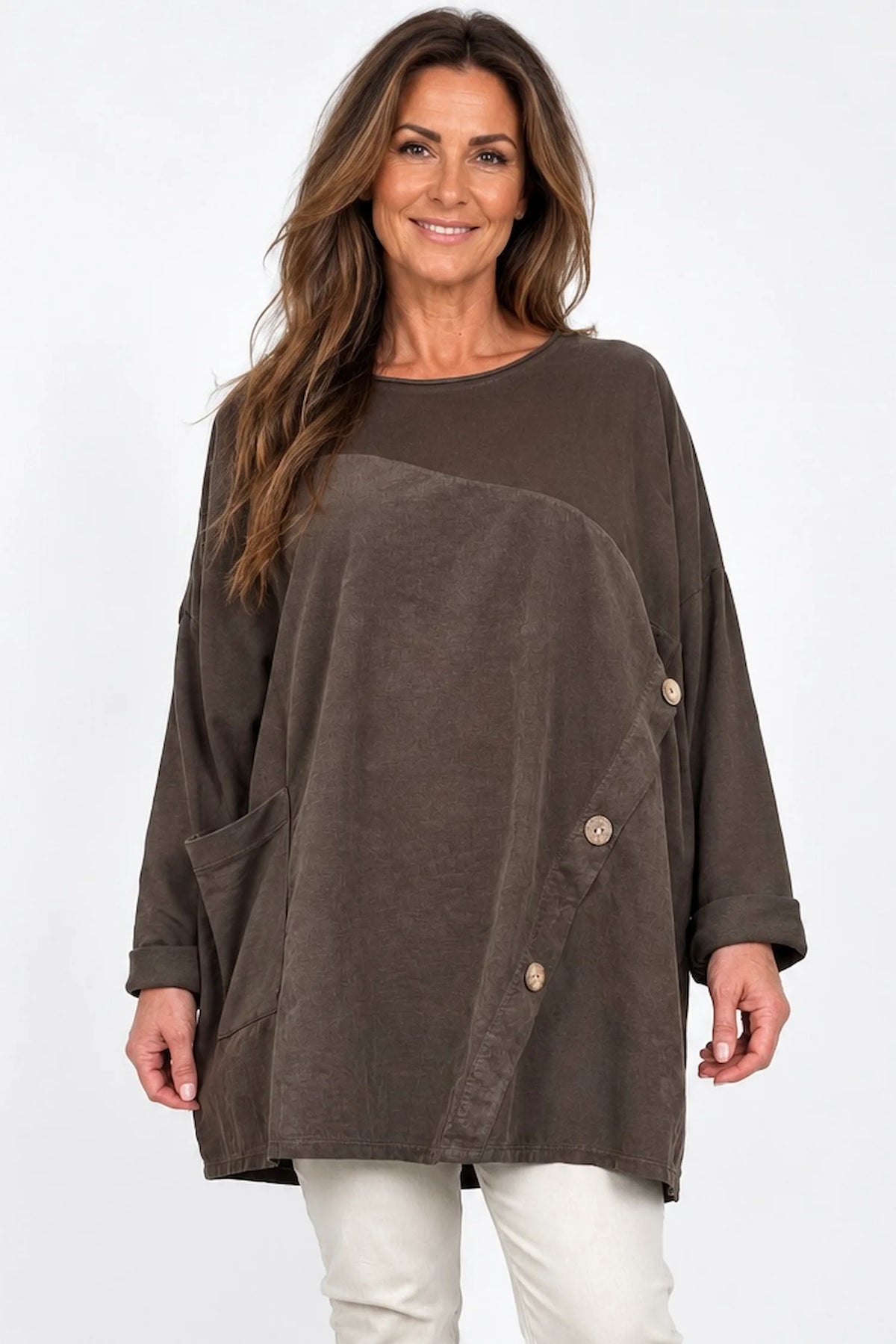 Cotton Fine Needlecord Patch Button Detail Fern Pocket Top - Chocolate
