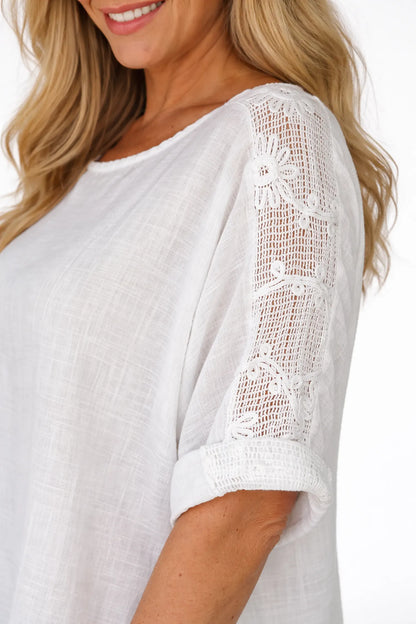 Linen Cotton Mix Premium Stitch Floral Crochet Shoulder Toscana Top - White