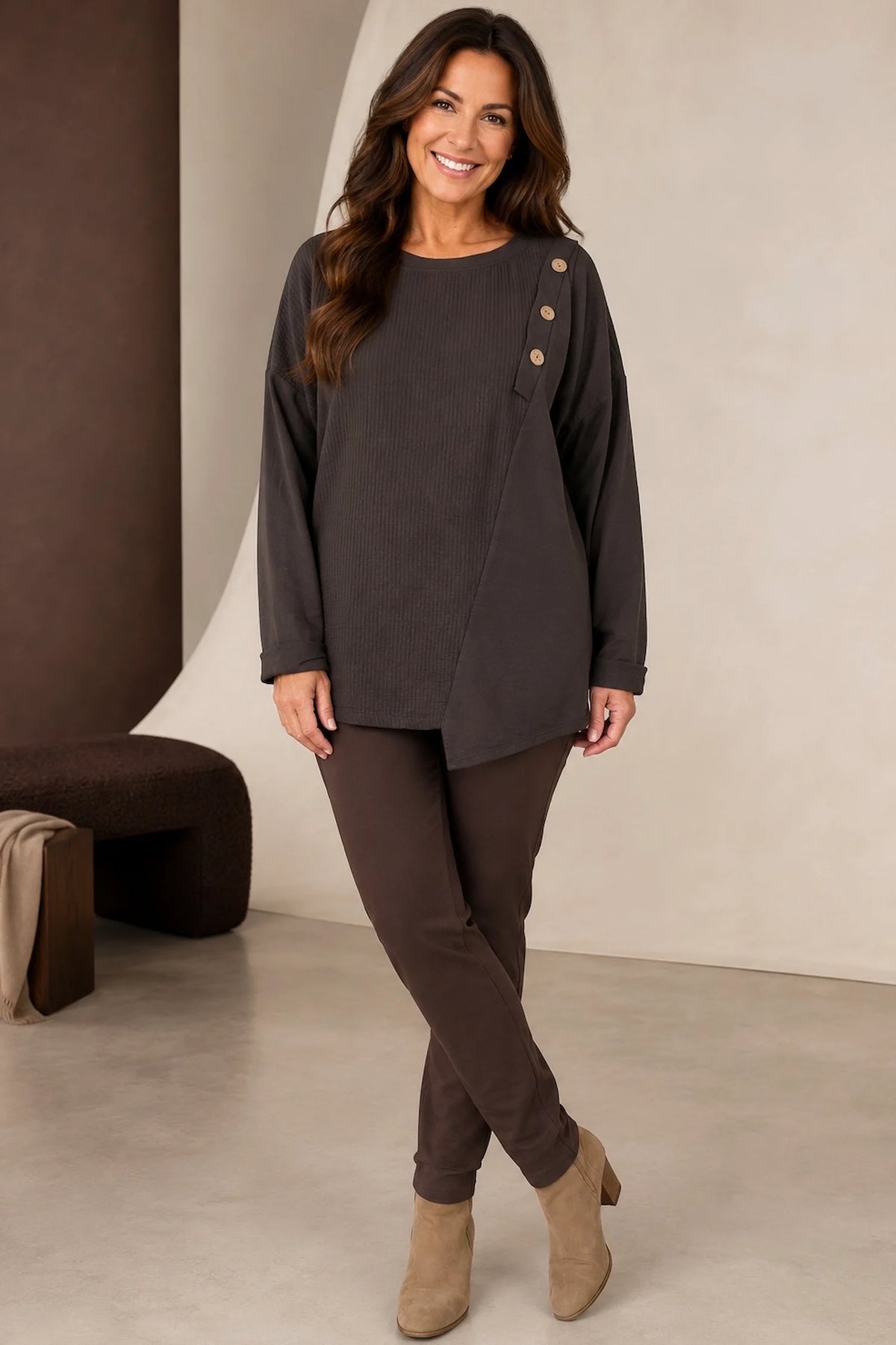 Cotton Button Detail Ezra Top - Chocolate