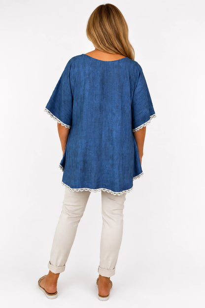 Lightly Textured Lace Trim Victoria Top - Washed Denim