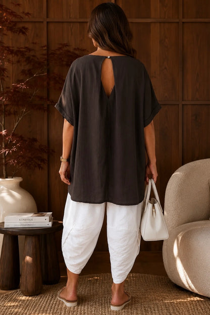 Pure Cotton Premium Stitch Button Back Jenni Top - Chocolate