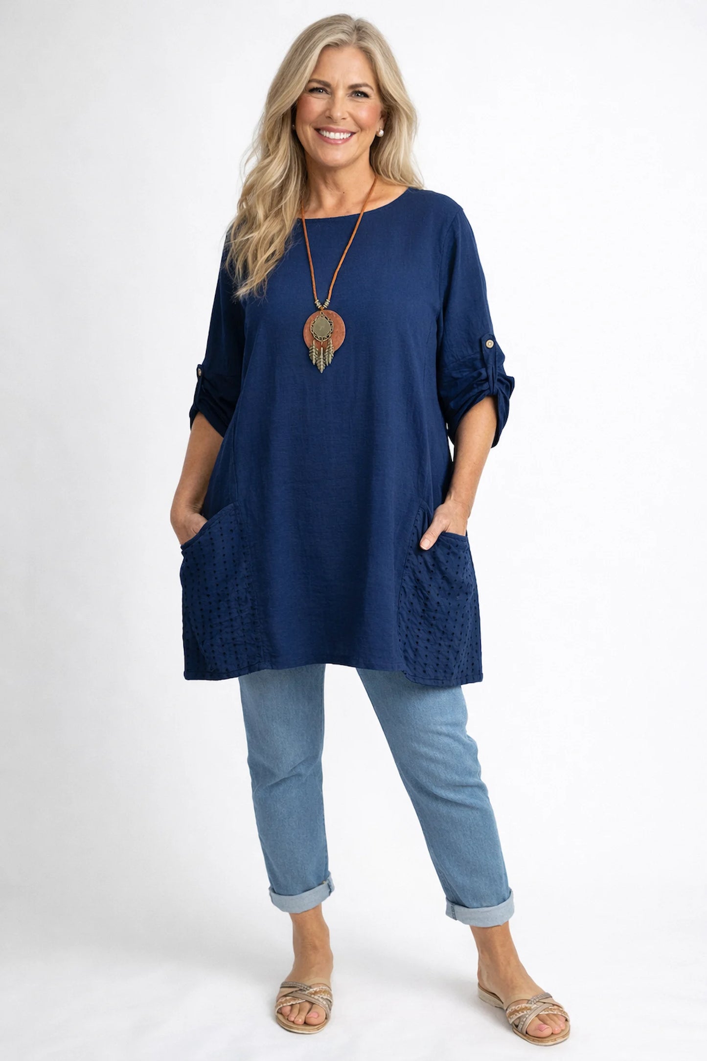 Cotton Crochet Detail Double Pocket Button Sleeve Cláudia Necklace Top - Navy