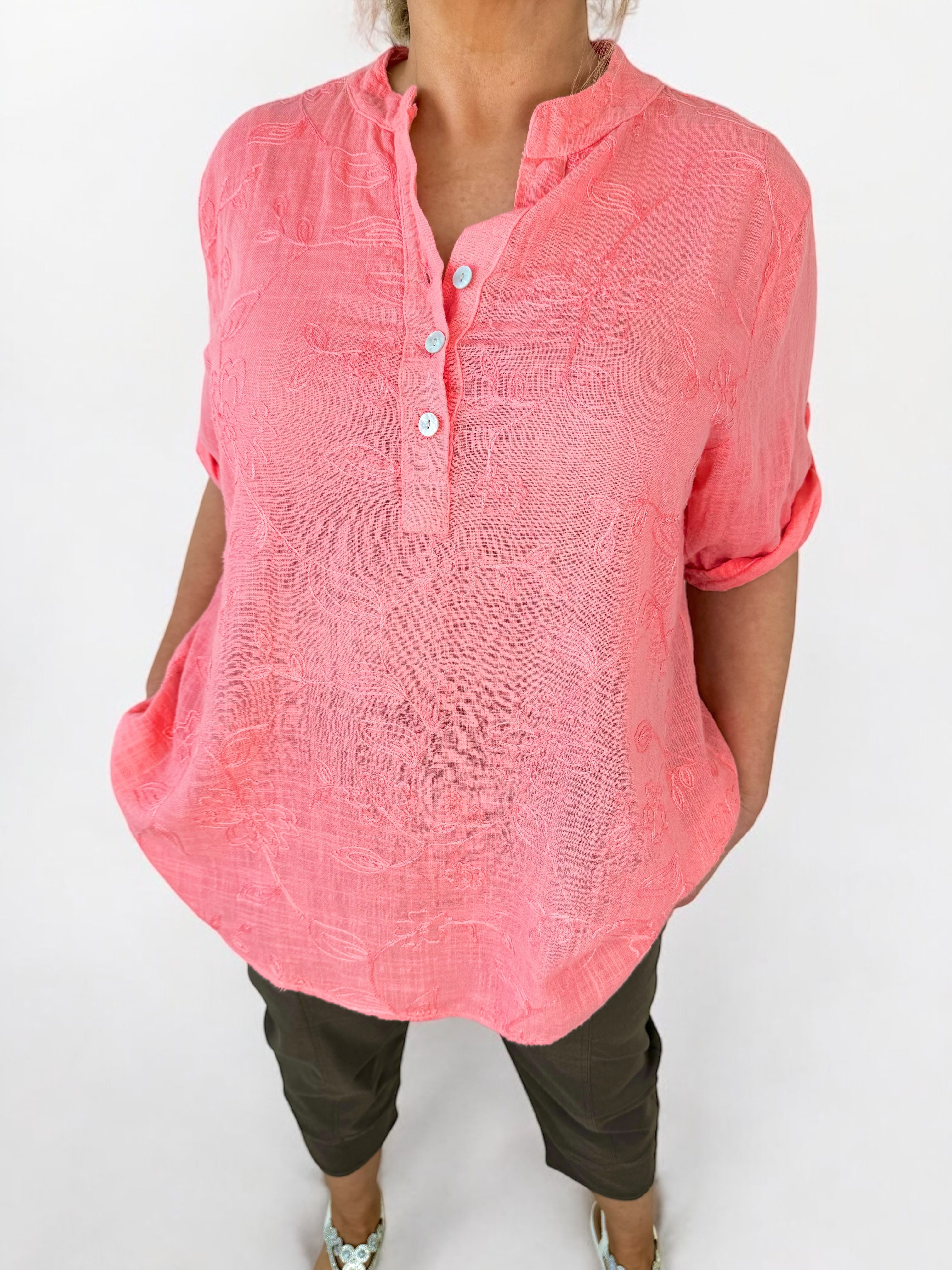 Pure Cotton Embroidery Anglaise Button Sleeve Elara Shirt - Coral