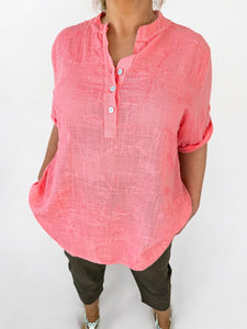 Pure Cotton Embroidery Anglaise Button Sleeve Elara Shirt - Coral