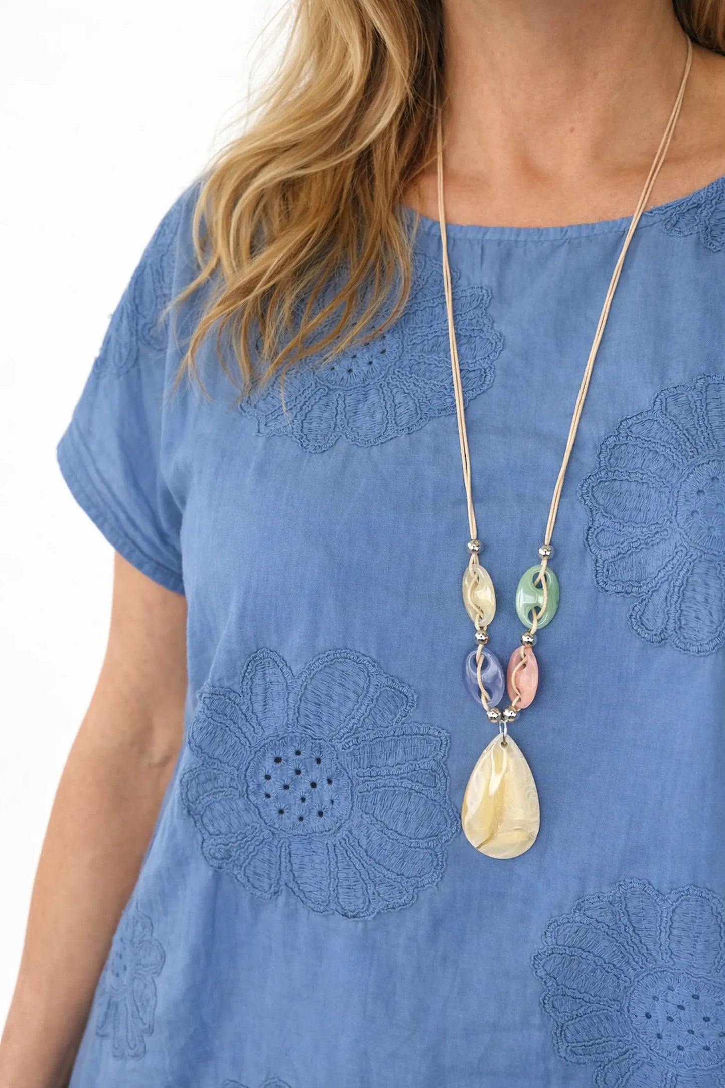 Pure Cotton Embroidery Anglaise Flower Amara Necklace Top - Denim