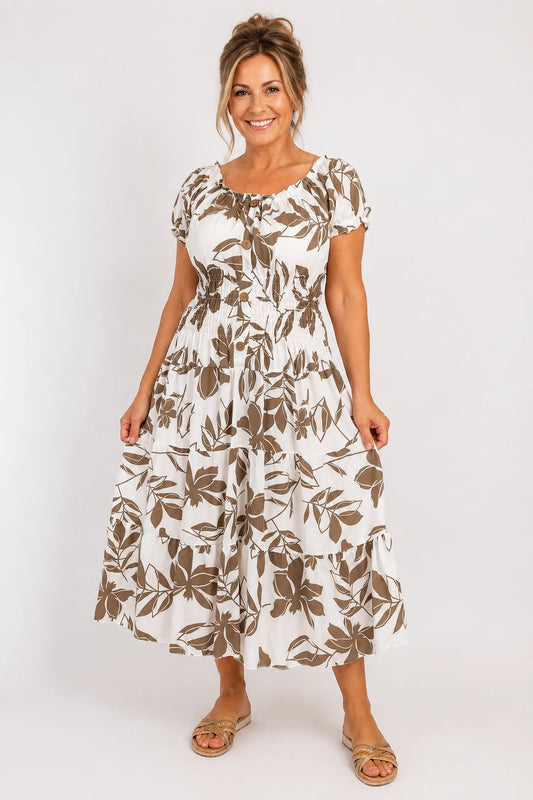 Button Detail Elasticated Waist Panel Floral Endless Summer Dress - Mocha