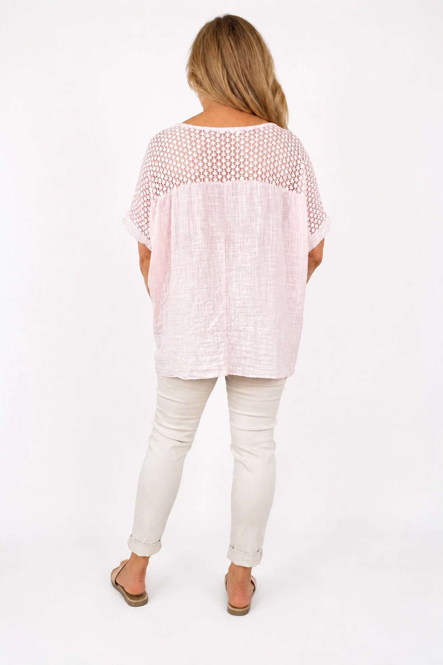 Cotton Crochet Detail Embroidery Anglaise Sequin Hem/Sleeve Selina Top - Baby Pink