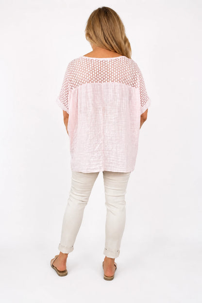 Cotton Crochet Detail Embroidery Anglaise Sequin Hem/Sleeve Selina Top - Baby Pink