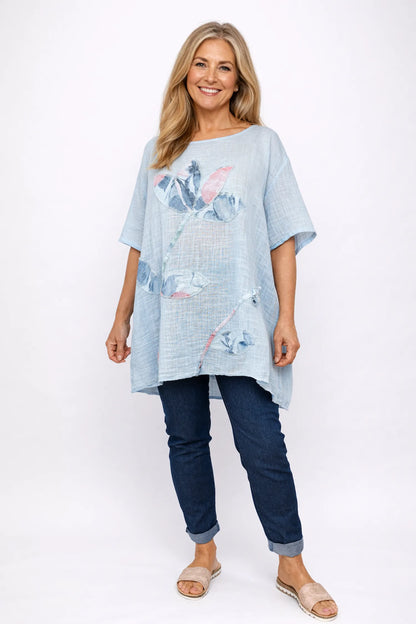 Pure Cotton Embroidered Floral Juliette Top - Baby Blue