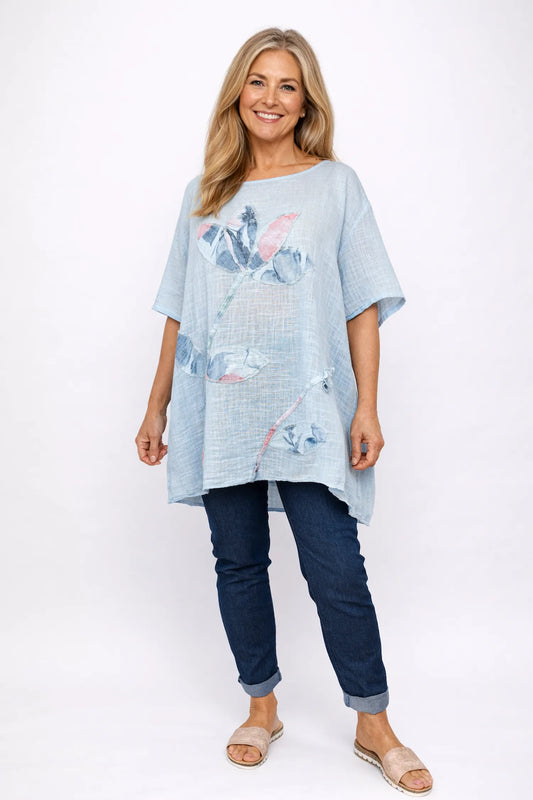 Pure Cotton Embroidered Floral Juliette Top - Baby Blue