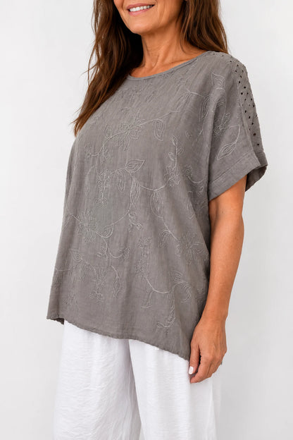 Pure Cotton Embroidery Anglaise Crochet Sleeve Devure Top - Mocha