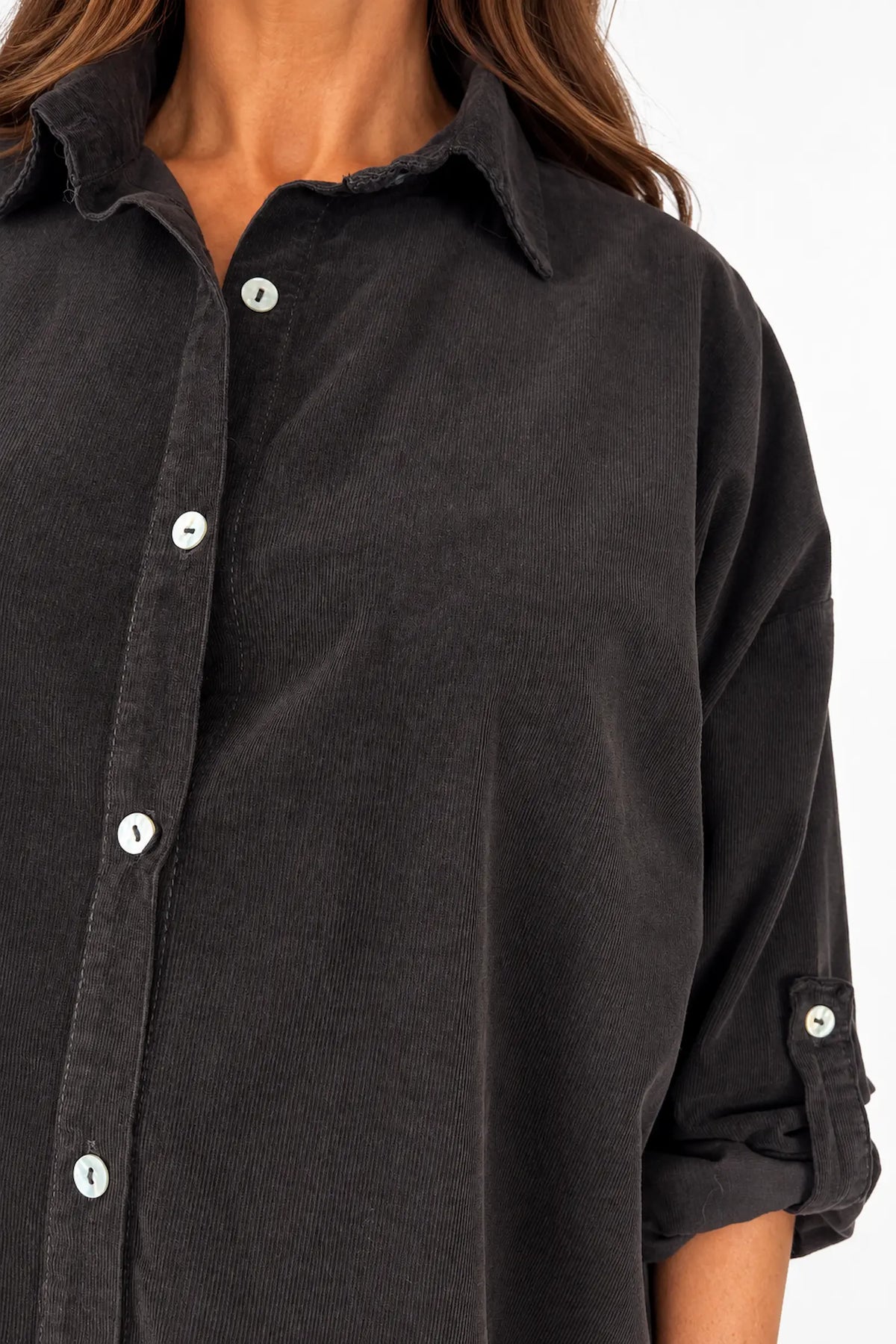 Pure Cotton Needlecord Button Sleeve Milan Button Shirt - Chocolate