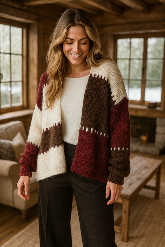 Wool Mix Premium Knit Roxy Cardigan - Chocolate/Wine/Cream