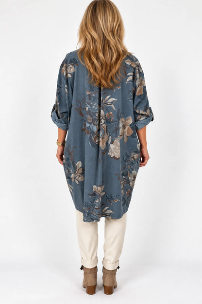 Pure Cotton Needlecord Button Sleeve Dorsia Button Shirt - Denim