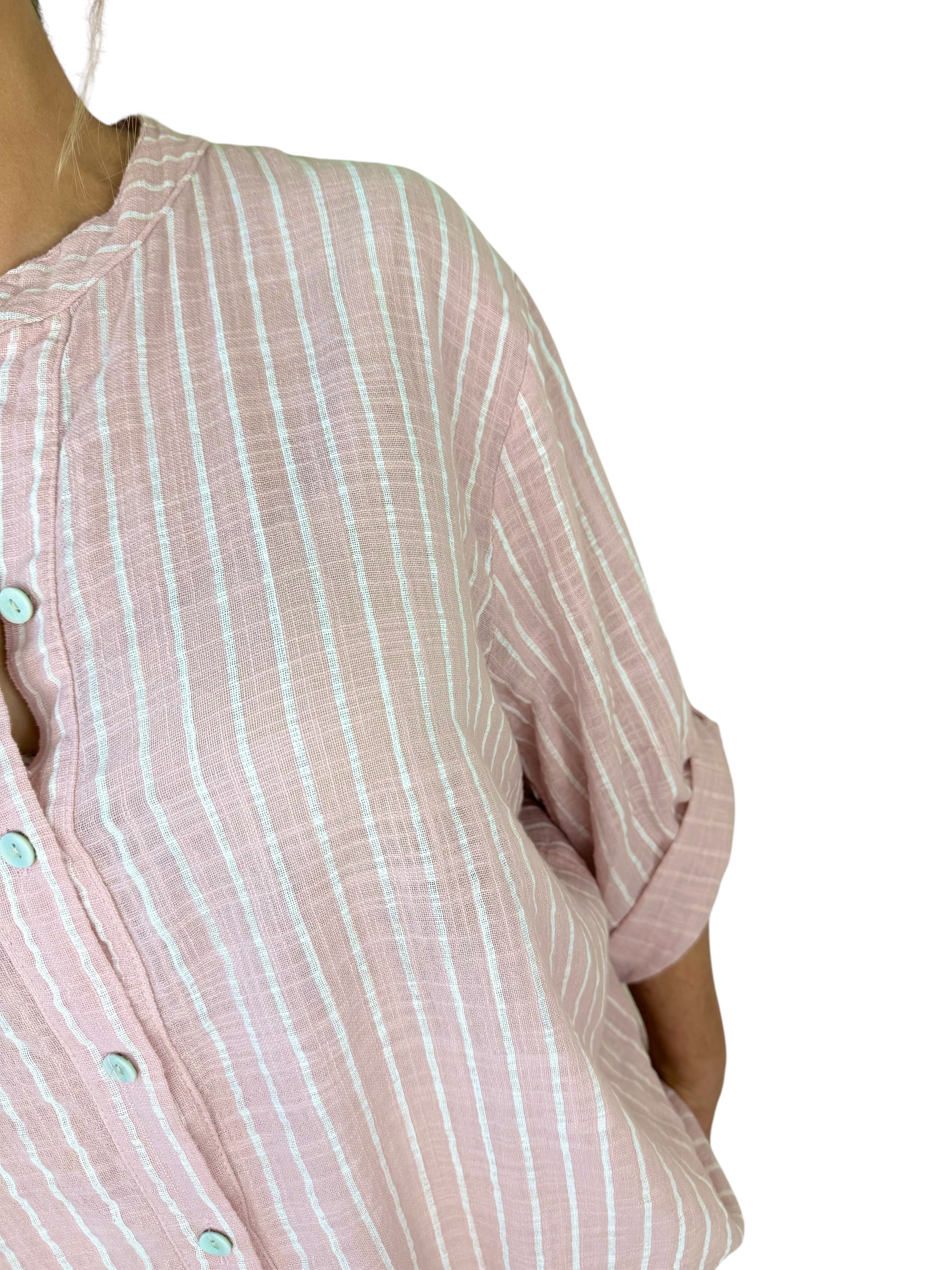 Pure Cotton Pin Stripe Button Sleeve Veresca Shirt - Baby Pink