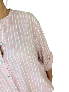 Pure Cotton Pin Stripe Button Sleeve Veresca Shirt - Baby Pink