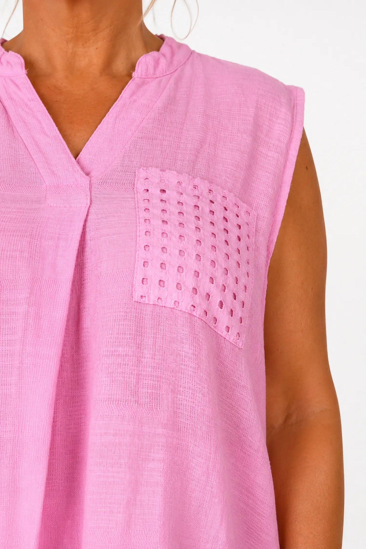 Pure Cotton Mesh Detail Rosetta Pocket Cap Sleeve Top - Lipstick Pink