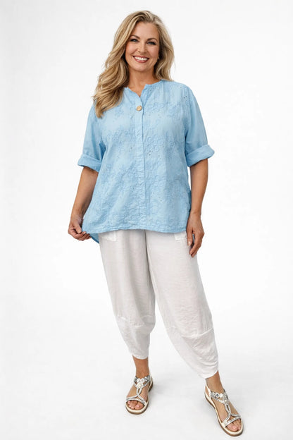 Pure Cotton Button Detail Embroidery Anglaise Firenze Shirt - Baby Blue