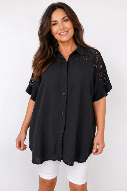 Lace Crochet Shoulder Alexandra Button Shirt - Black