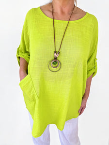 Pure Cotton Pocket Detail Button Sleeve Venice Necklace Top - Lime